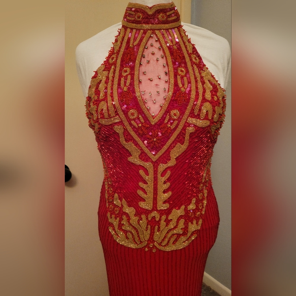 Elegant Red and Gold VINTAGE Halter Evening Dress BY: SCALA 1994